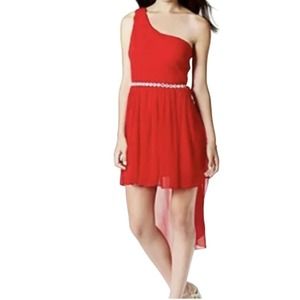 City Studio Pleated Chiffon High Low One Shoulder Red Cocktail Party Prom Dress